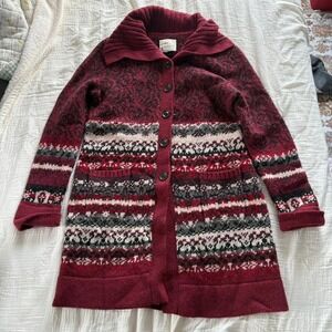 Bob Timberlake Cardigan Fair Isle Lambswool Burgundy Longline Winter Sweater L
